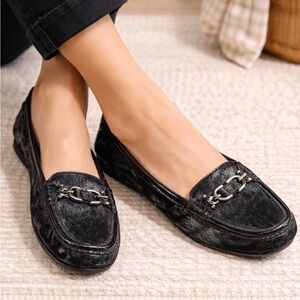 Donald J Palmer Black Metallic Haircalf Chain Loafers Slip-On Designer Flats